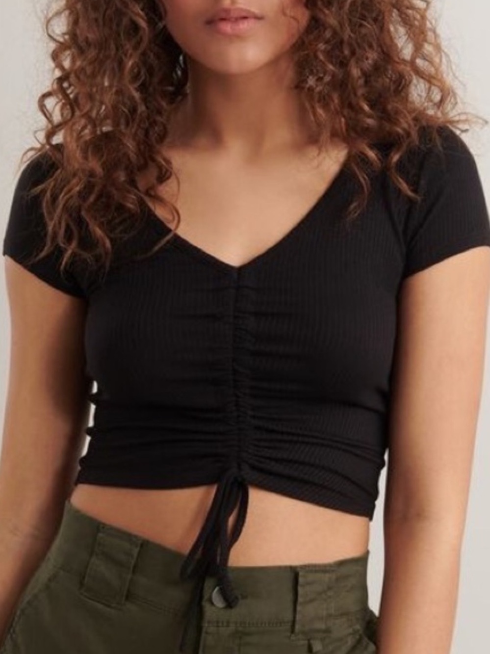 Garage Black Ruched Drawstring V-Neck Crop Top